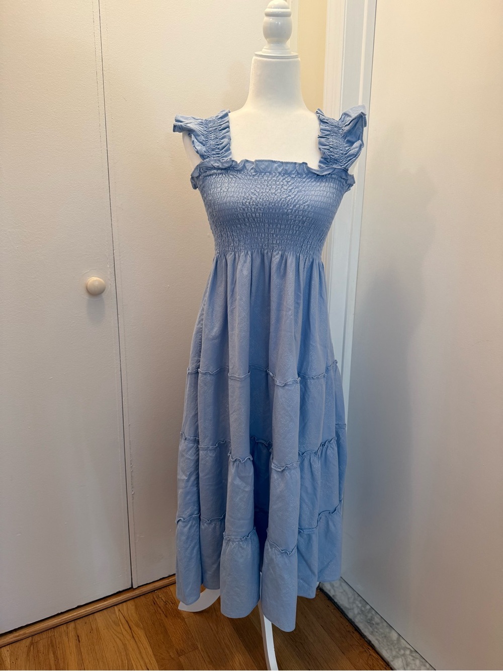 Smocked Ruffle-Strap Midi Dress in Light Blue